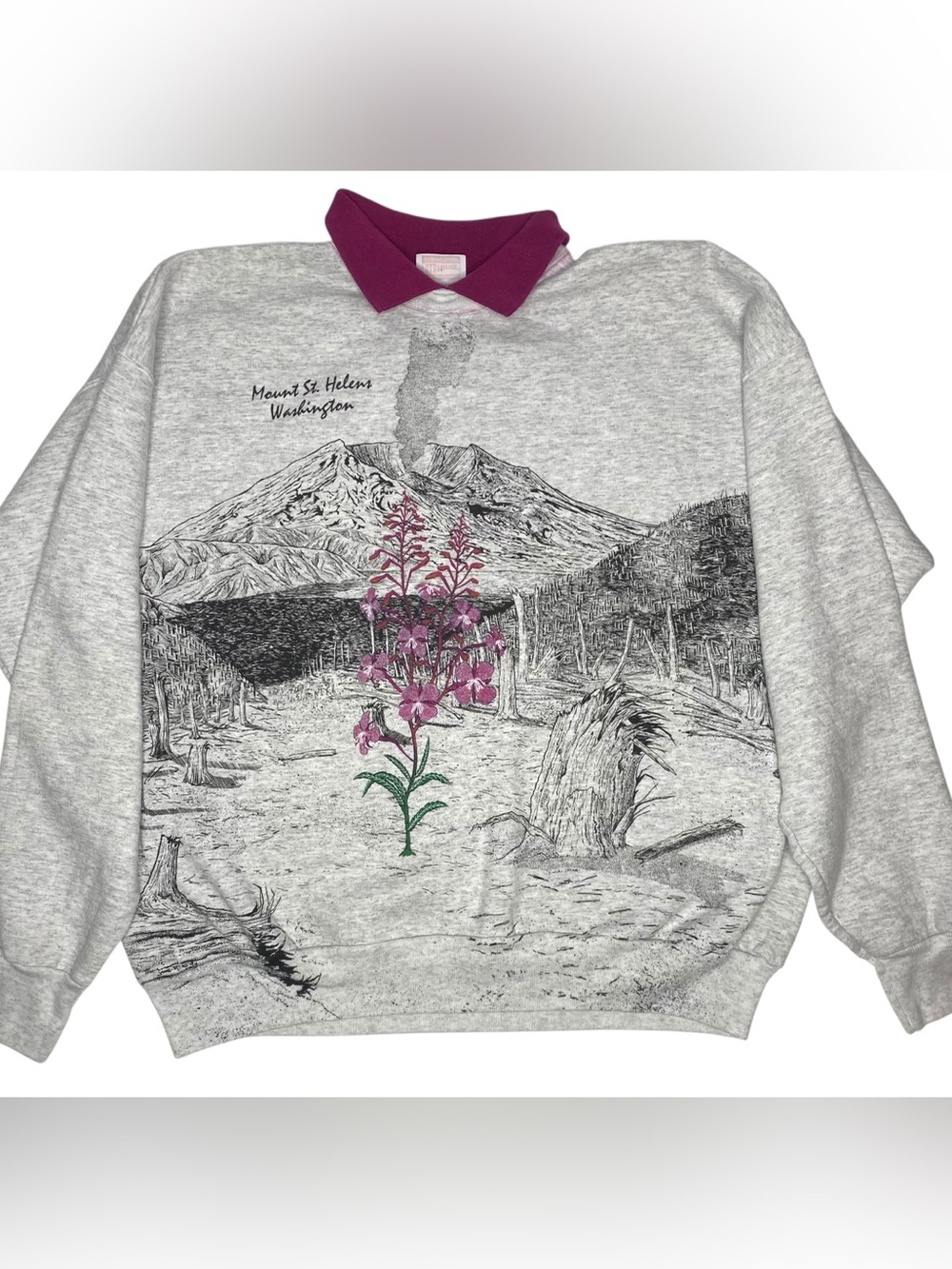 Vintage Mt. St. Helens 90’s Allover Printed Collard Crew Neck Sweatshirt Sz XL